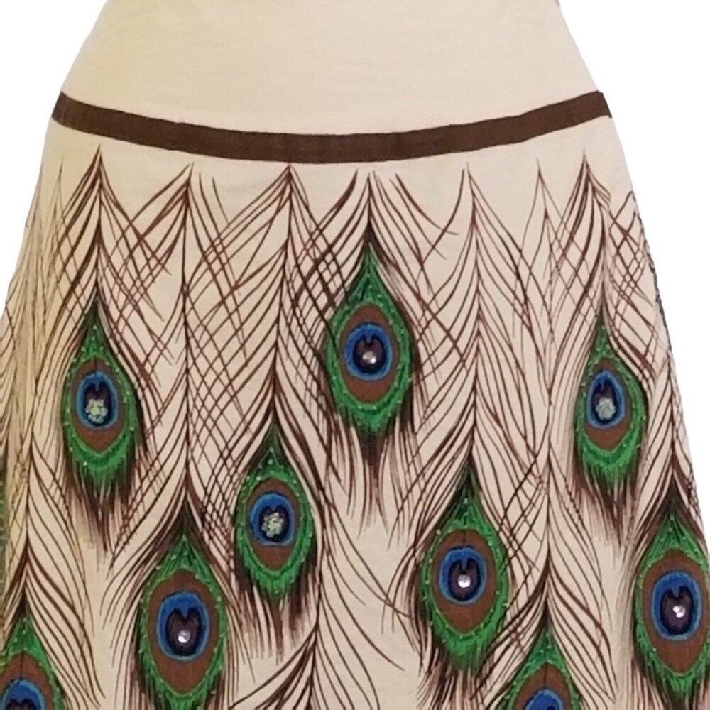 Bamboo Traders Women's Skirt Size 4P Beaded Peacock Feathers Cotton Lined A line - Picture 2 of 12